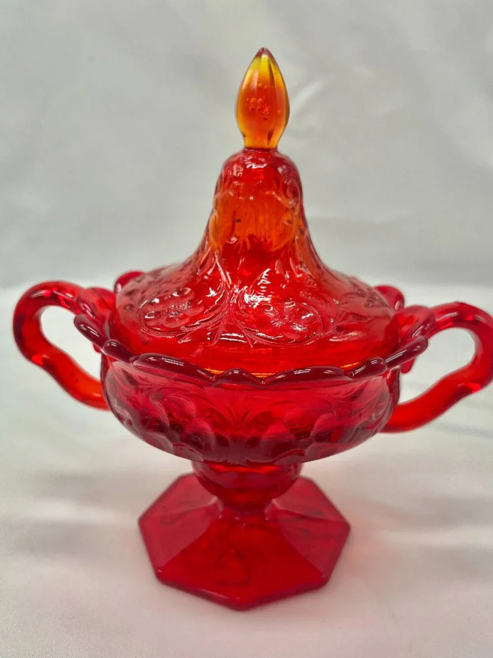 Vintage Rock Crystal Red Doubled Handled Covered Sugar Bowl or Candy Dish W/Lid